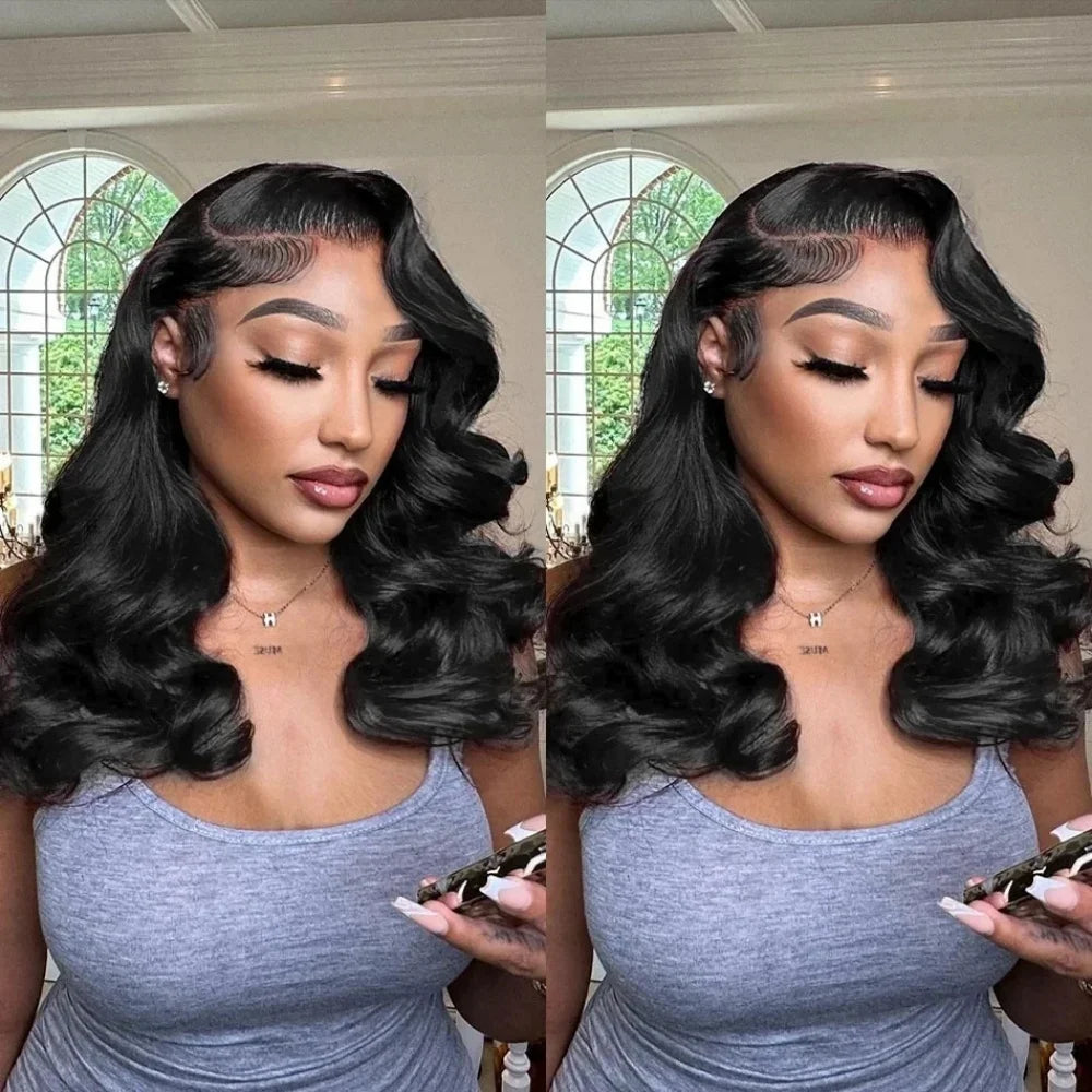 100% Human Hair Body Wave Bob Black Wig Loose Wave 13x4 Lace Front Short Wigs 4x4 Closure Bob Wig with Baby Hair For Women 14 IN