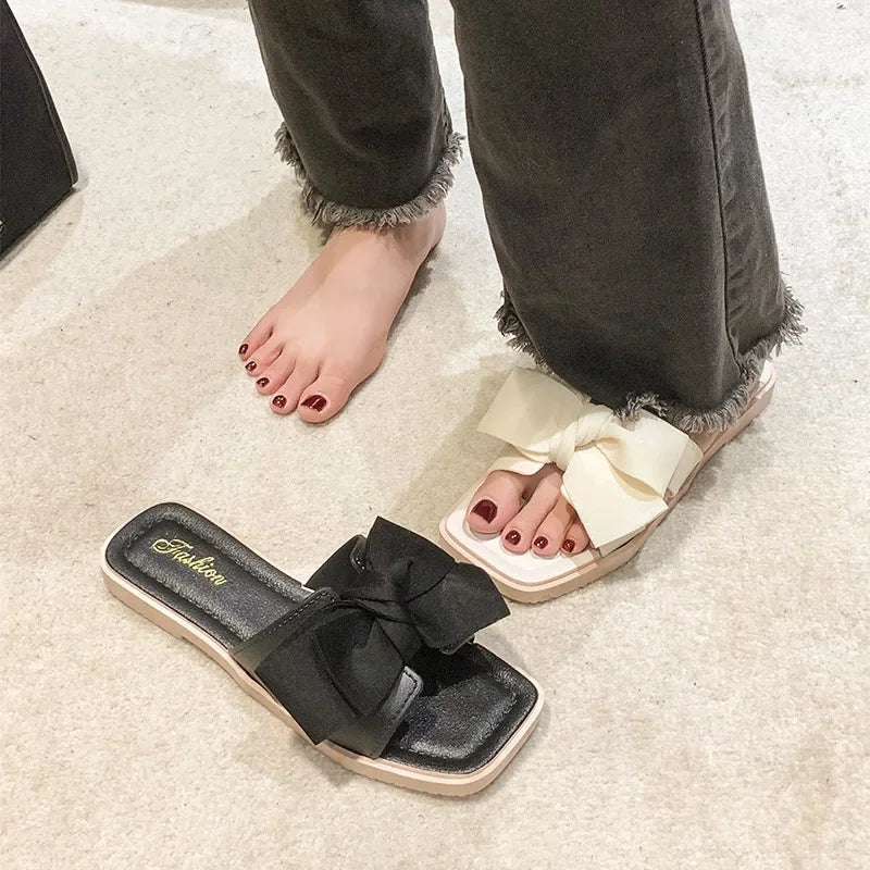 Fashionable Butterfly Knot Flat Bottom Slippers Women's Summer Outdoor Wear Soft Bottom Home Slippers Versatile Fairy Wind Cool