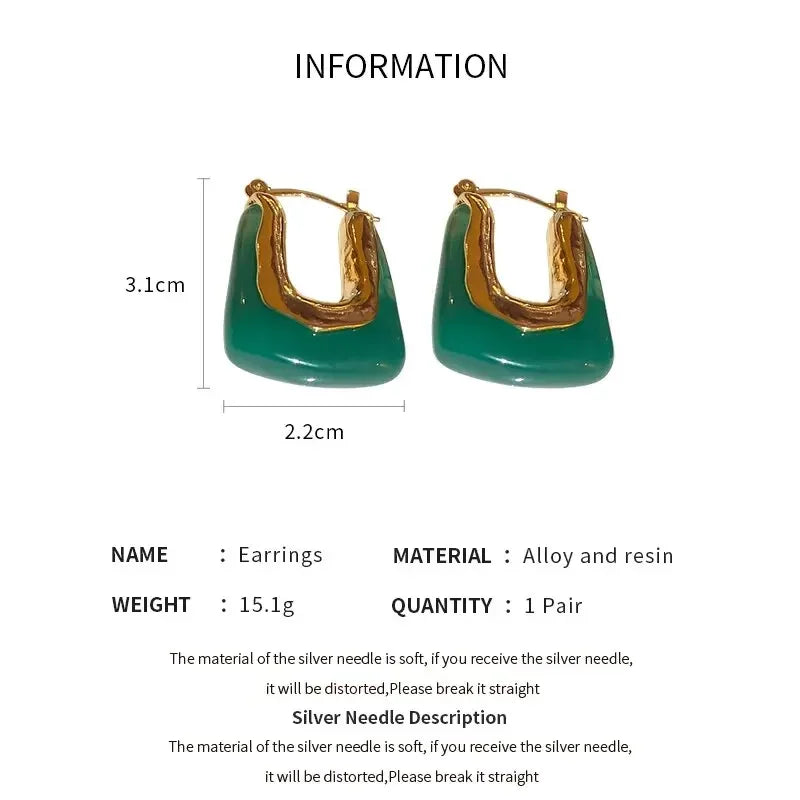 Green Vintage U Shaped Resin Earrings for Women Girls Geometric Irregular Stud Earrings 2025 New Trendy Party Ear Jewelry Gift