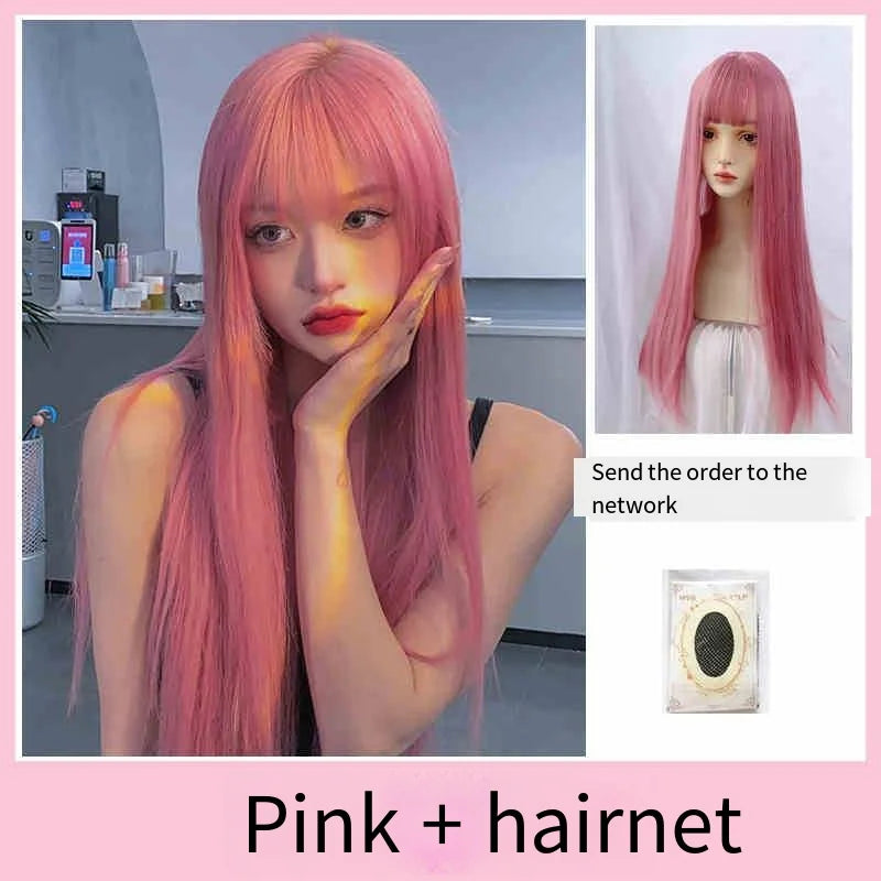 Pink Synthetic Wig With Long Straight Bangs Natural Wig Women Daily Use Cosplay Heat Resistant Lolita Full Head Cover