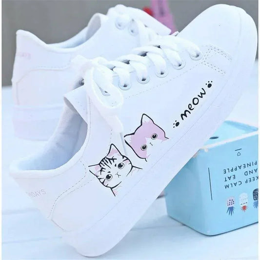2024 New Arrival Fashion Lace-up Women Sneakers Women Casual Shoes Printed summer Women Pu Shoes Cute Cat  Shoes
