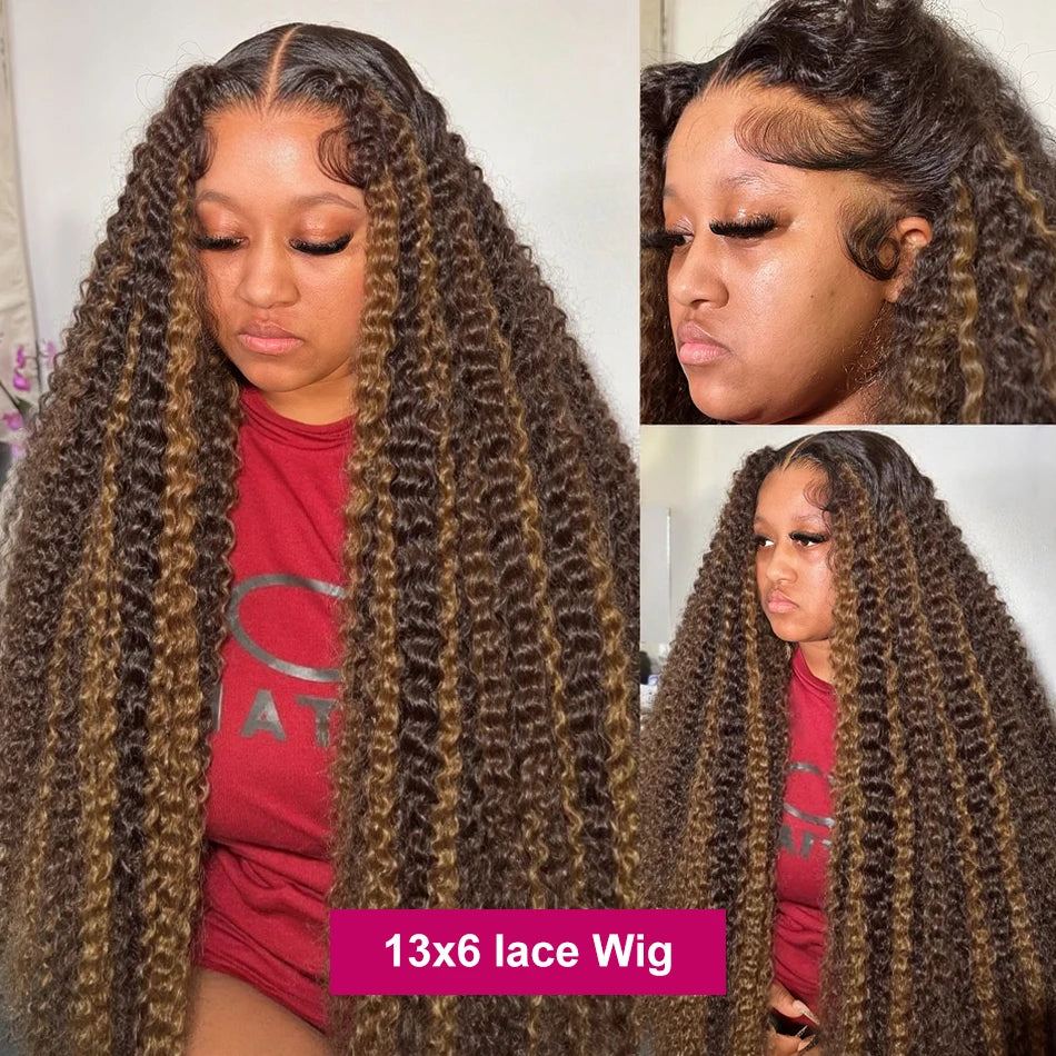 Curly Colored Highlight Wigs Human Hair Deep Wave 13x6 Hd Lace Frontal Wig 18 36Inch 4/27 Ombre Brown Blonde Lace Front Wigs