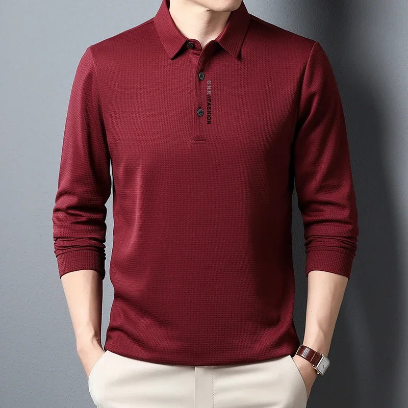 Men's Waffle Long Sleeved POLO Shirt with Letter Printed Lapel Casual Top