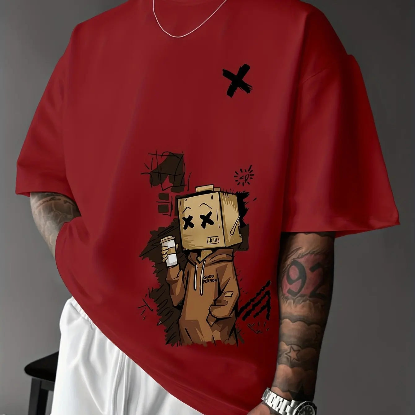 Men's 100% pure cotton fashionable casual sports loose trendy doll graffiti printed round neck short sleeved T-shirt top