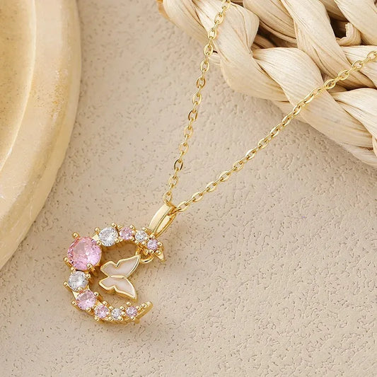 New Korean Fashion Butterfly Moon 2025 Necklace Women's Stainless Steel Cute Collar Chain High End Elegant Jewelry Girls Gift