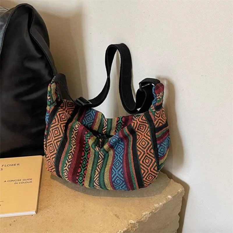 Tribal Style Shoulder Bag, Foldable Crossbody with Zipper Closure, Striped Pattern, Flag Theme Hand Washable Edge Painted Lining