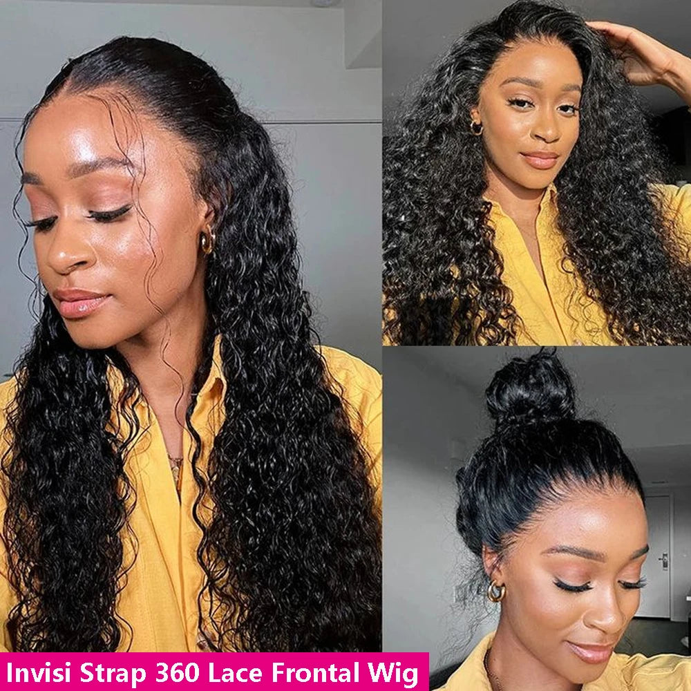 250 Density Hidden Strap 360 Full Lace Front Wig Human Hair Pre Cut Invisible Strap Deep Wave 360 Glueless Wigs with Drawstring