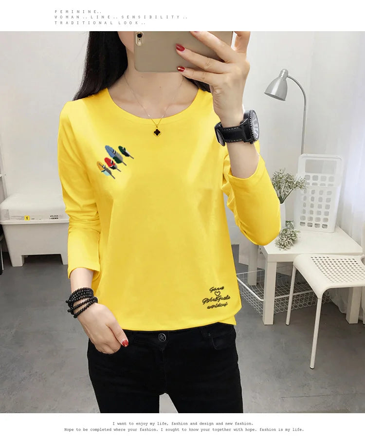 Long Sleeve T-shirt Women Simple Print Round Neck Top Loose Base Shirt Outdoor Wear Autumn Clothes
