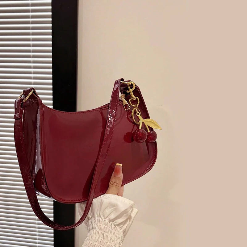 Vintage Retro Shoulder Bag for Women PU Leather Underarm Crossbody Ladies Casual Handbag Purse with Cherry Pendant