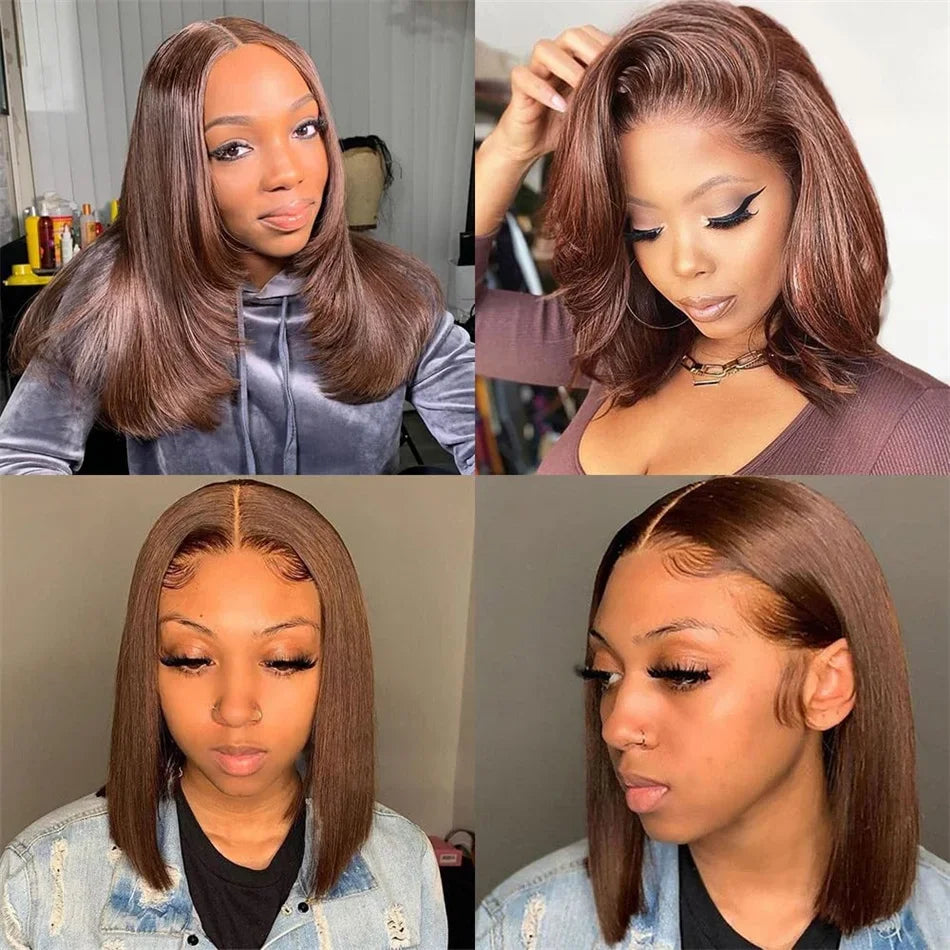 Straight Bob Wigs Chocolate Brown Colored 100% Real Human Hair 13x4 Lace Front Wigs Brazilian Remy Hair Pre Plucked Hairline