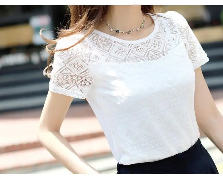 1pcs Summer Women Lace T-Shirt Lady Short-Sleeve Round-Neck tShirt Female Sexy Slim Fit  Tee Girl Chiffon Shirt Fashion Pullover