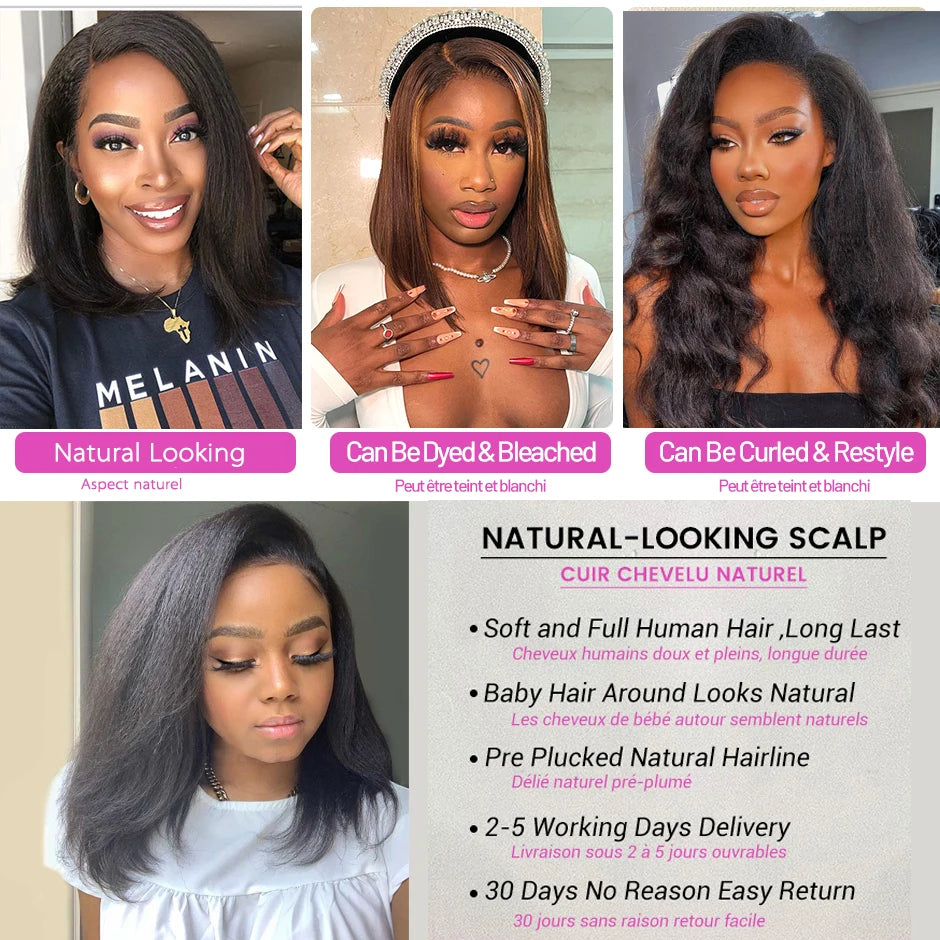 HD Lace Frontal Wigs 13x4 Glueless Wigs Kinky Straight Human Hair Lace Front Wigs Ready to Wear Yaki Straight Wigs For Women