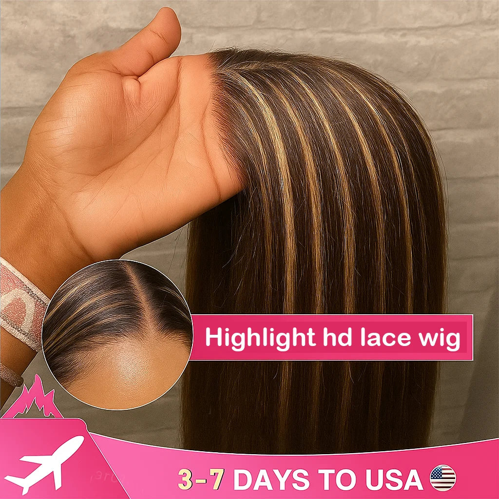 Brown With Gold Gradient Straight Hair Wigs Glueless 5x5 HD Lace Closure Wig Gold Omber Highlight Human Hair Wig Colored Wigs