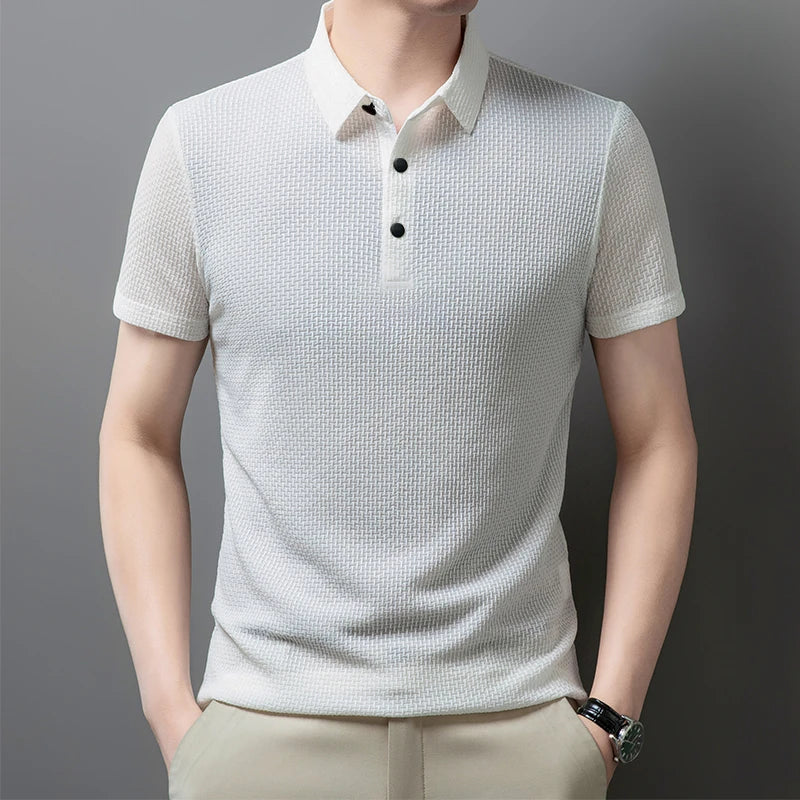 New Men's Business Casual Short Sleeved Bone Flower Solid Color POLO Shirt Fashion Breathable Comfortable Summer Versatile Top