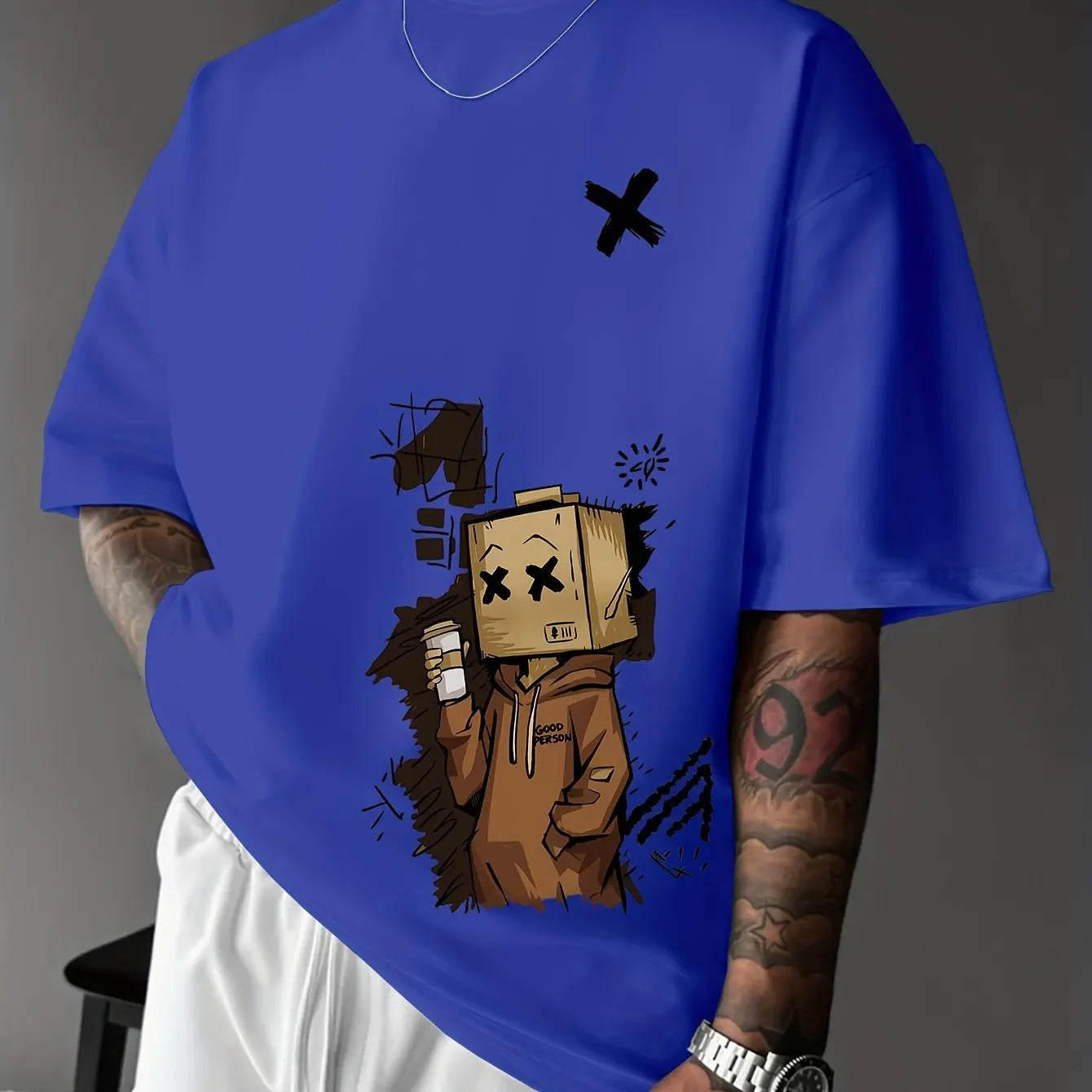 Men's 100% pure cotton fashionable casual sports loose trendy doll graffiti printed round neck short sleeved T-shirt top