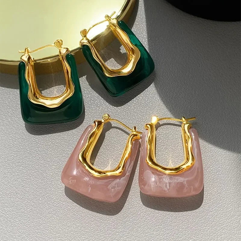 Green Vintage U Shaped Resin Earrings for Women Girls Geometric Irregular Stud Earrings 2025 New Trendy Party Ear Jewelry Gift