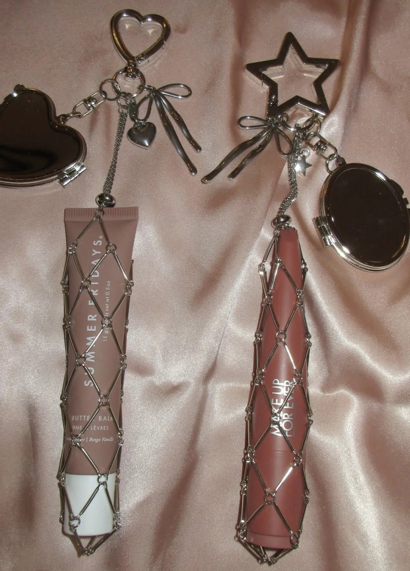 New Portable Lipstick Bag Women Metal Chain Mesh Pouch Stainless Steel Lipstick Holder Case Love Charm Keyrings Accessory