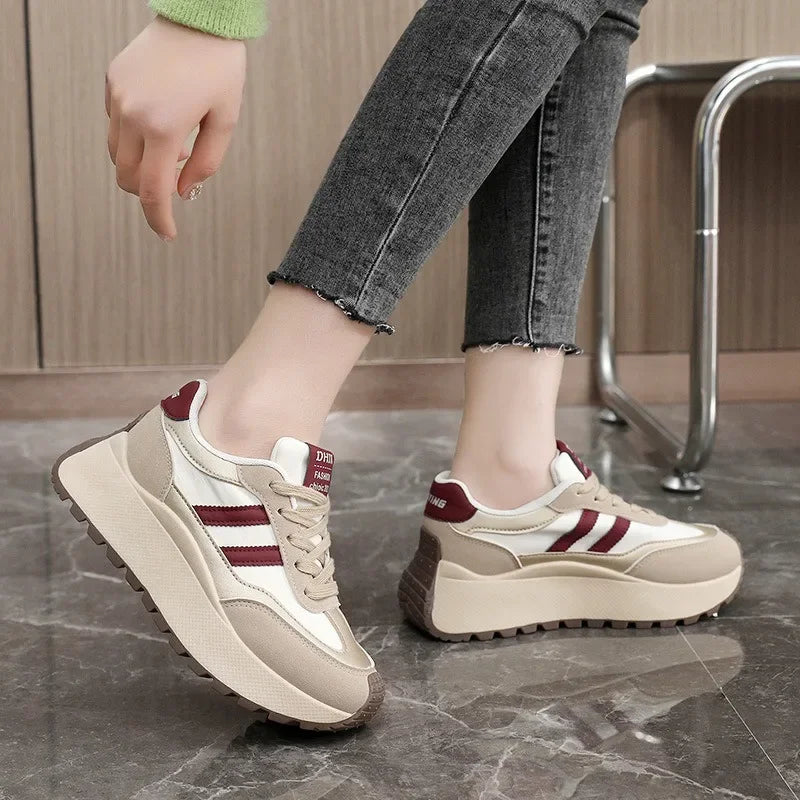 Spring Thick Bottom Women's Shoes 2025 Summer Casual Patchwork Leather Sneakers Casual Vulcanised Shoes Ladies Chaussure Femme