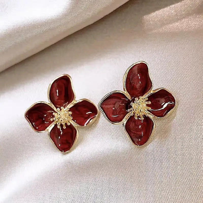 Hibiscus Dropped Glaze Flower Stud Earrings for Women Girl French Vintage 2025 Fashion Korean Wedding Romantic Jewelry Gifts