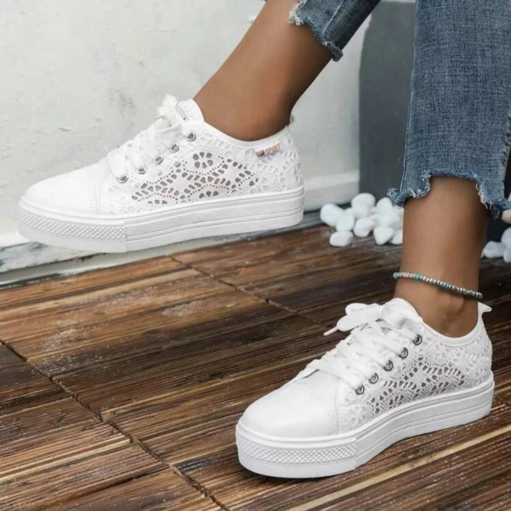 Women Shoes Fashion Summer Casual White Shoes Cutouts Lace Canvas Hollow Breathable Platform Flat Shoes Woman Sneakers