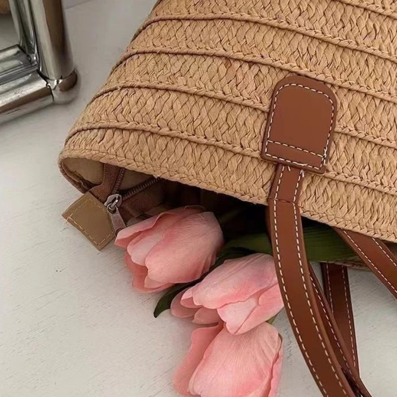 Women's Large Capacity Shoulder Bag Summer Straw Woven Basket Handbag Fashion Female Luxury Designer Beach Bag Bali Shopper Tote