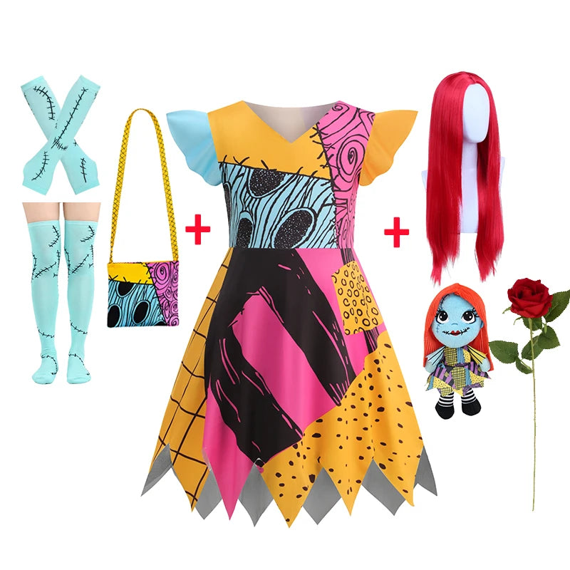 Baby Girls Halloween Costumes Cosplay Dress Nightmare Before Xmas Children Carnival Princess Sally Party Clothes 2-10 Years