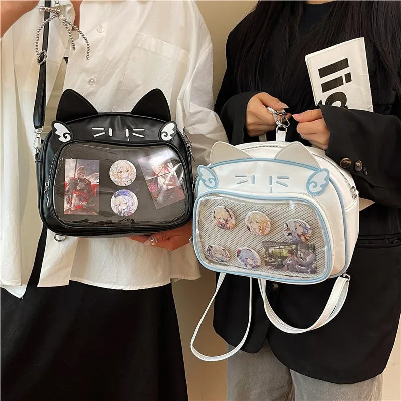 Women's Fashion Backpacks Y2K Korean Japan Kawaii Cat Ita Bag PU Cute Girls Transparent Pocket Aesthetic Shoulder Crossbody Bags