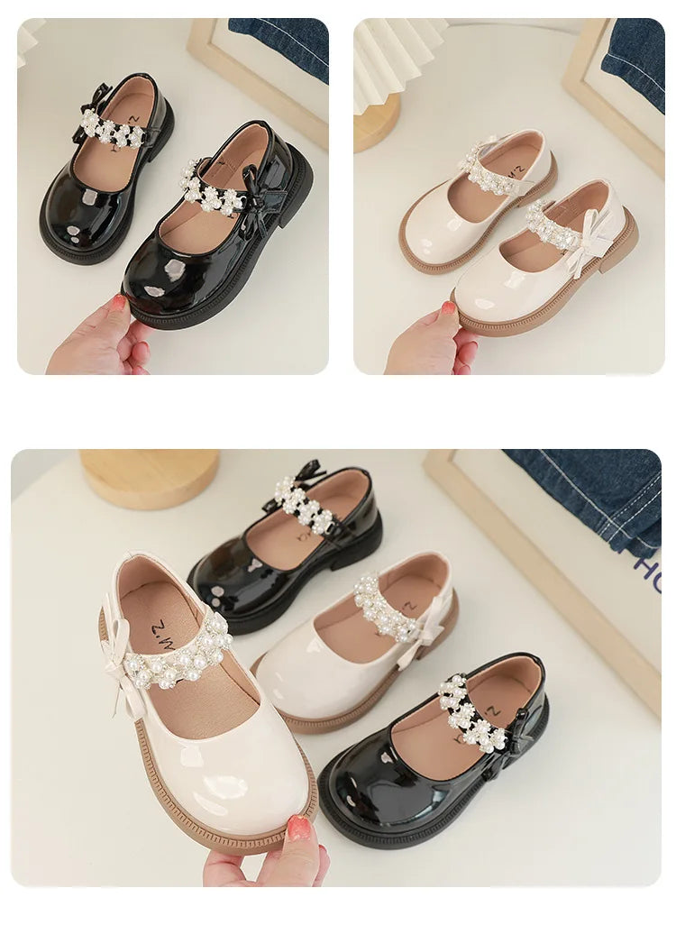 Children's Leather Shoes Glossy PU Black School Girl Shoes Fashion Sweet Kids Princess Soft Bottom Mary Jane Shoes Side Bowknot