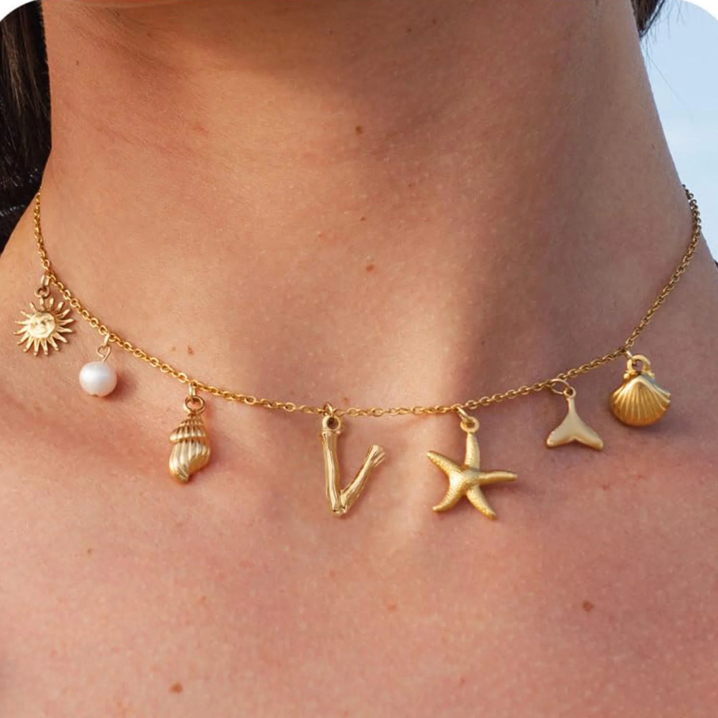 MHS.SUN Starfish Shell Initial Necklace Waterproof 18K Gold Plated Stainless Steel Charm Necklaces Surfer Girl Summer Beach Gift