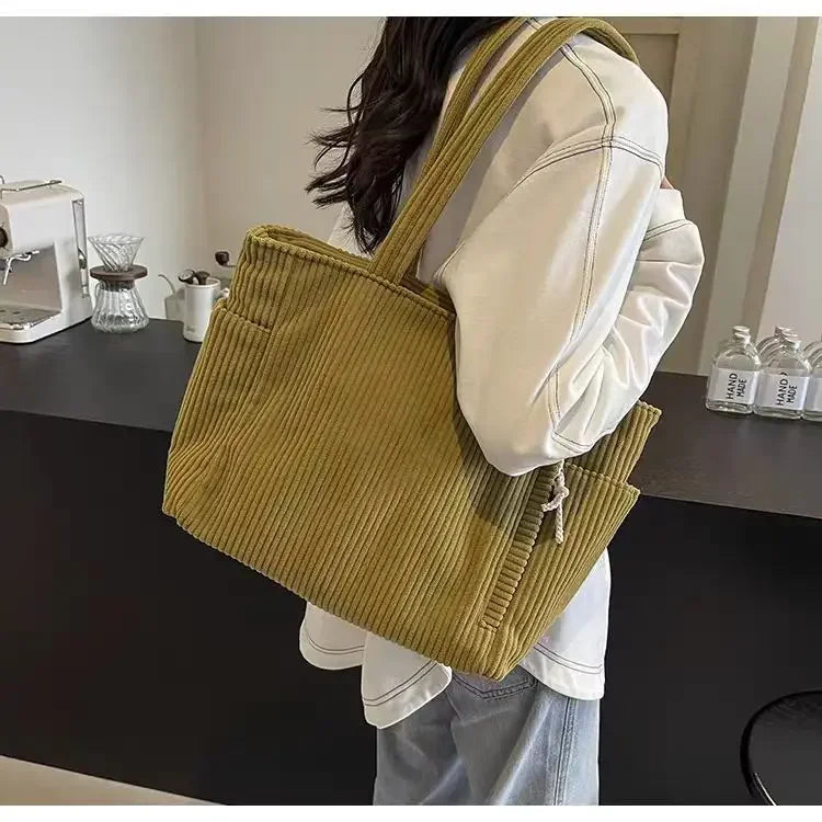 Corduroy Daily Handbag Fashionable Versatile Shoulder Bag for Women Multi-Compartment Zipper Closure Commute Women's Tote Bag