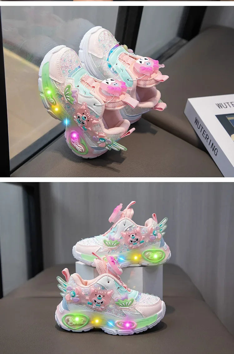 Girls Cartoon Rotating Button Sports Shoes Soft Bottom Kuroko Light up Dad Shoes Breathable Rubber Spring Season Kids Sneakers