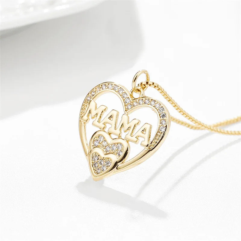 WLP 2025 Elegant Mother's Day Gift Heart Pendant MAMA Necklace for Women MOM Luxury Rhinestone Aesthetic Neck Necklace Jewelry