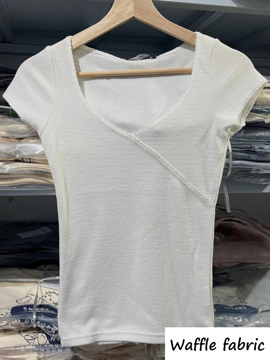 Stitching Solid Vintage Slim T-Shirt Summer V Neck Streetwear Cotton Top 2023 Femme Sweet Cute Y2k Simple Tee Tops Woman Clothes