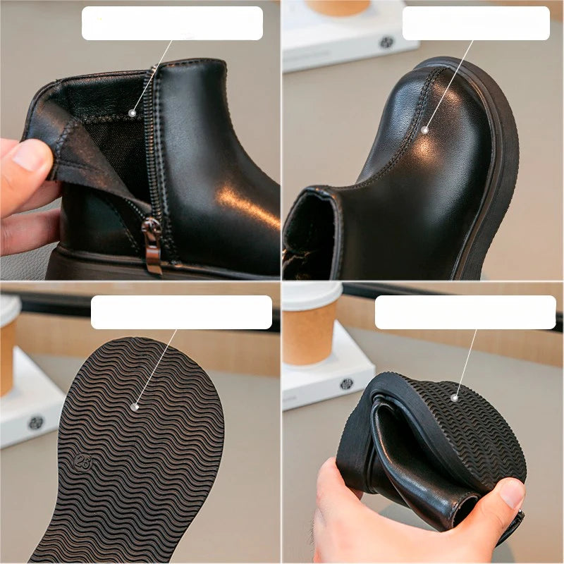 Children Fashion Boots Simple Girls Ankle Boot Black Kids Short Leather Boots Side Zipper Thick Bottom Autumn Winter 2024 New