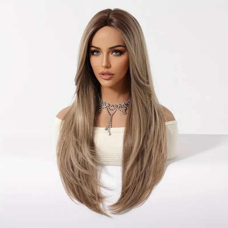 Long Ombre Blonde Synthetic Wigs Middle Part Natural Long Straight layering Wigs For Women Party Halloween Cosplay Daily Wear