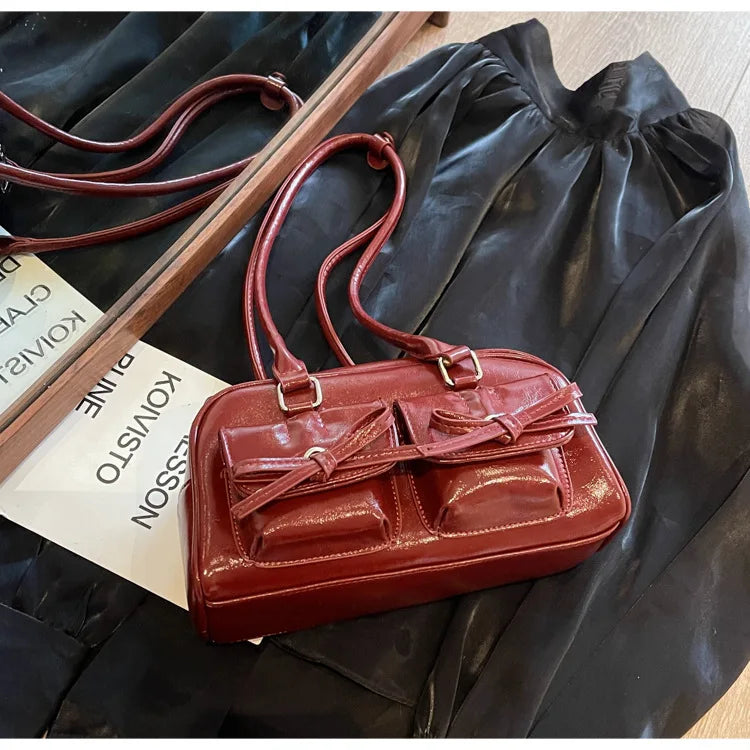 Vintage Women Business Shoulder Bags Simple Ladies Commute Tote Bag Pu Leather Female Underarm Bag Burgundy Large Handbags Purse