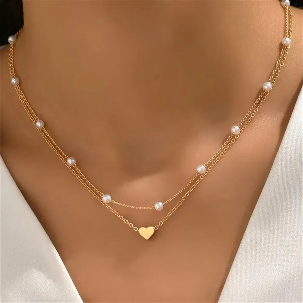 2025 New Women's Pearl Necklace Set 14K Gold Fashion Love Heart Pendant Waterproof Hypoallergenic Collarbone Neck Chain Jewelry