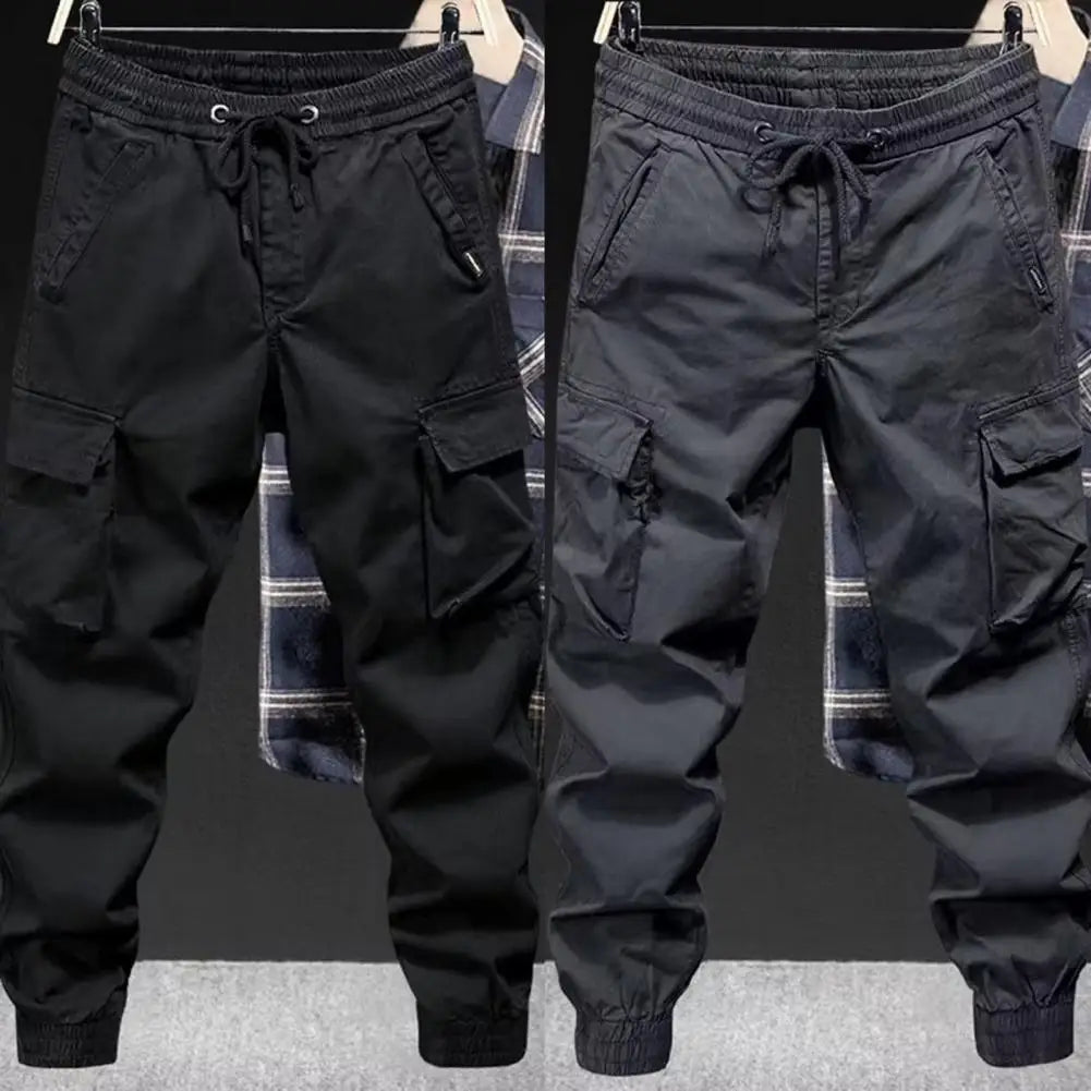Multi-pocket Overalls Men's Cargo Pants with Drawstring Waist Multiple Pockets Ankle-banded Design for Daily Sports Streetwear