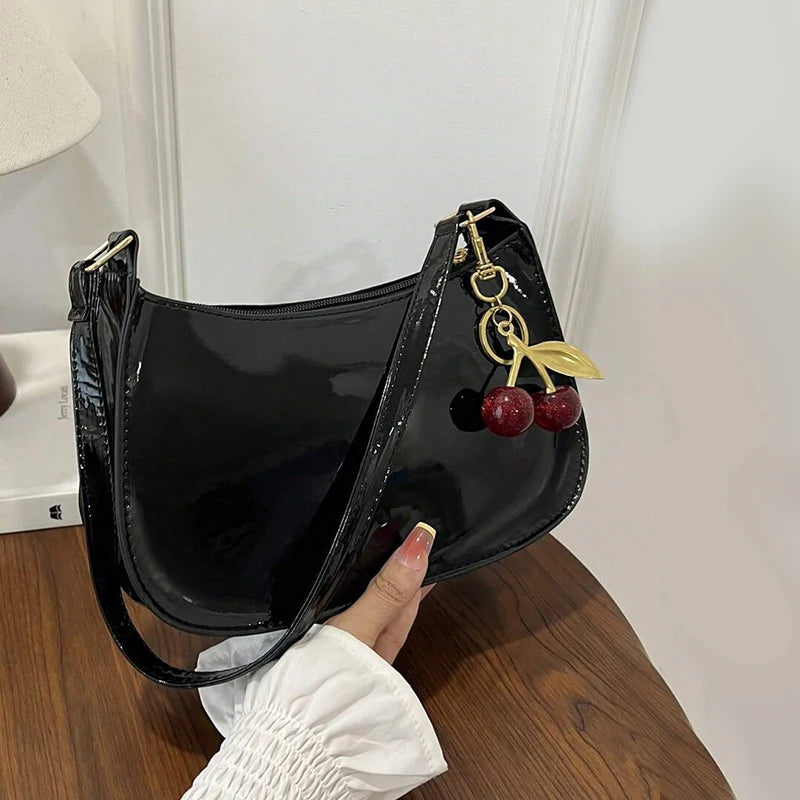 Vintage Retro Shoulder Bag for Women PU Leather Underarm Crossbody Ladies Casual Handbag Purse with Cherry Pendant