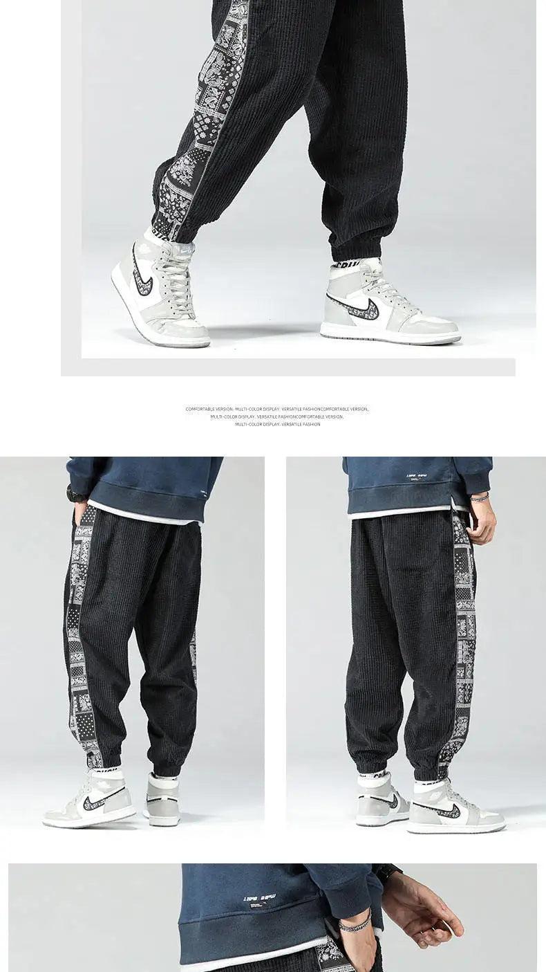 Oversize Cashew Flower Printed Patchwork Casual Pants Y2K High Street Corduroy Sweatpants Men Clothing штаны Pantalones 바지