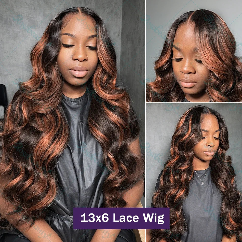 220 Density 30 Inch 1B/30 Black Brown Body Wave Lace Front Human Hair Wigs Colored Highlight 13x6 HD Lace Frontal Wig Human Hair