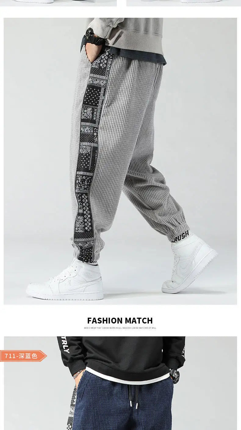 Oversize Cashew Flower Printed Patchwork Casual Pants Y2K High Street Corduroy Sweatpants Men Clothing штаны Pantalones 바지