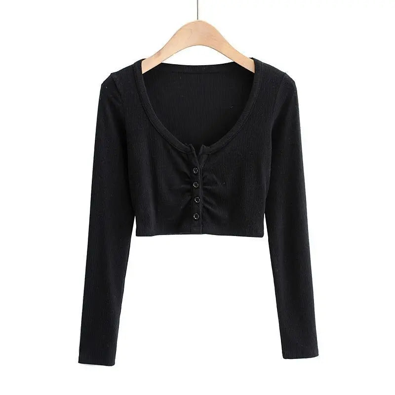 Spring Summer Women Long Sleeve Button T Shirt Female Solid Slim Sexys Casual Tee Shirt Femmes Y2k Clothes Streetwear Crop Tops