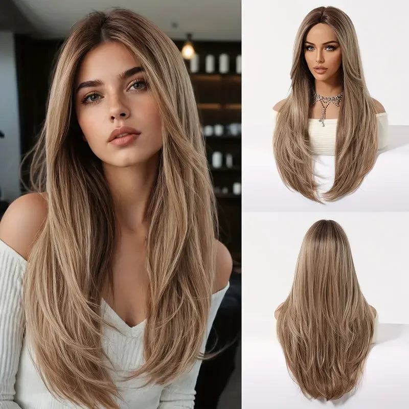 Long Ombre Blonde Synthetic Wigs Middle Part Natural Long Straight layering Wigs For Women Party Halloween Cosplay Daily Wear