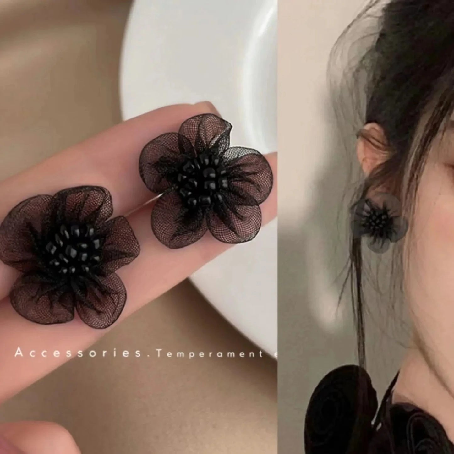 Elegant Black Lace Flower Stud 2025 Fashin Earrings for Women Girls Summer Style Party Wedding Exaggerated Black Earrings Gift