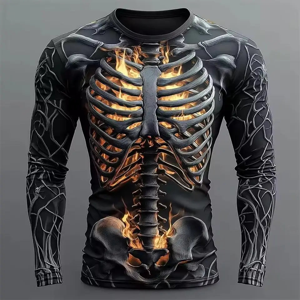 Halloween Cool Personality Skull 3d Print T-shirt Autumn Breathable Long Sleeve Tops Street Festival Party Casual Punk Clothes