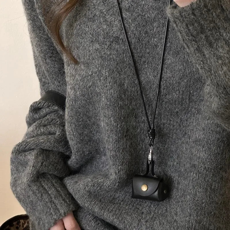 Retro Cute Small Leather Bag Long Necklace for Women Fashion Sweater Chain Neck Hanging Jewelry Versatile Accessory Gift