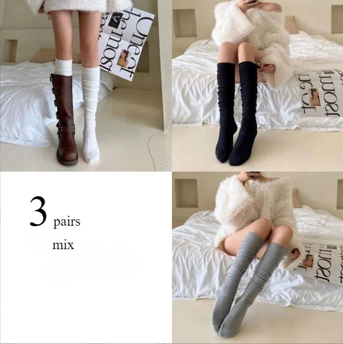 Spring Knee Length Stockings for ladies White Pile Socks Fashion GIrls JK Slimming Boots Sock Japanese Calf Sock Cotton Footwear