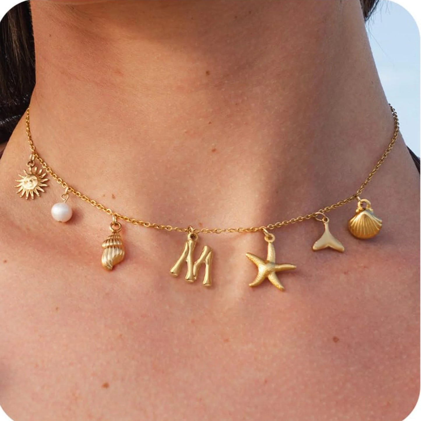 MHS.SUN Starfish Shell Initial Necklace Waterproof 18K Gold Plated Stainless Steel Charm Necklaces Surfer Girl Summer Beach Gift