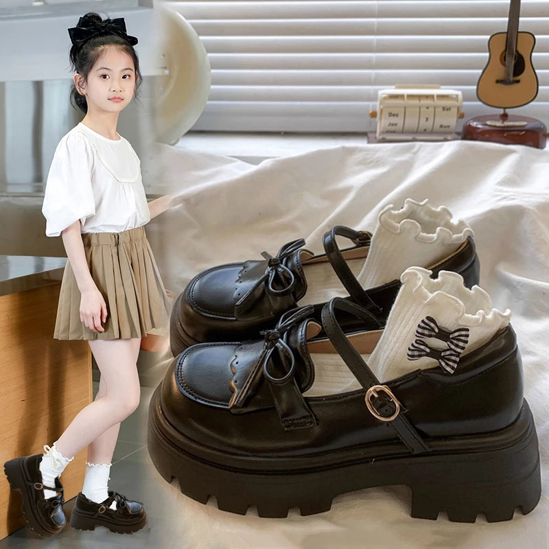 Kids Shoes Black Leather Mary Janes Girls Shoes Bow Thick Sole Casual Party Shoes Toddler Little Girls Fashion Footwear Shoes